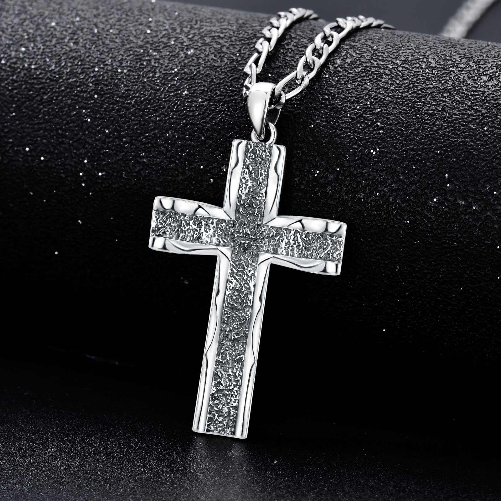 925 Sterling Silver Cross Pendant on Stainless Steel Figaro Chain - Oxidized Cross Necklace for Christian Jewelry Lovers - Image 2