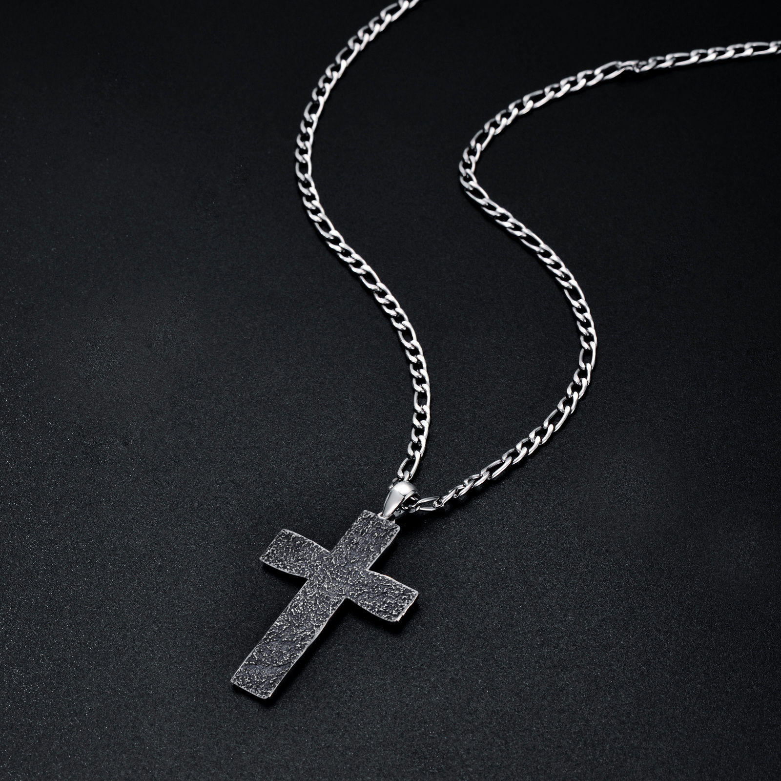 925 Sterling Silver Cross Pendant on Stainless Steel Figaro Chain - Oxidized Cross Necklace for Christian Jewelry Lovers - Image 3