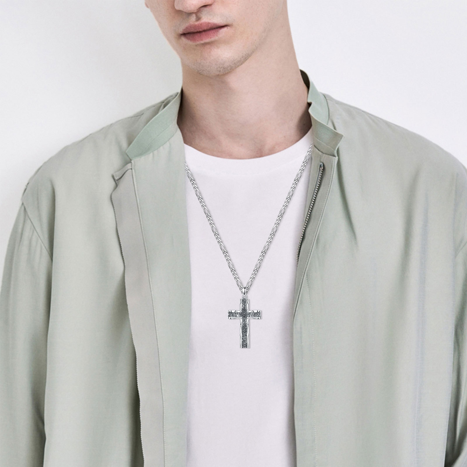 925 Sterling Silver Cross Pendant on Stainless Steel Figaro Chain - Oxidized Cross Necklace for Christian Jewelry Lovers - Image 4