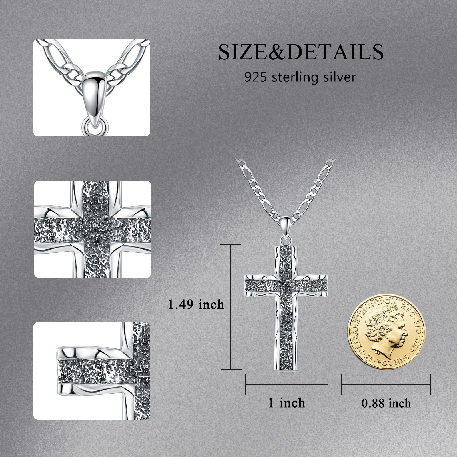 925 Sterling Silver Cross Pendant on Stainless Steel Figaro Chain - Oxidized Cross Necklace for Christian Jewelry Lovers - Image 5