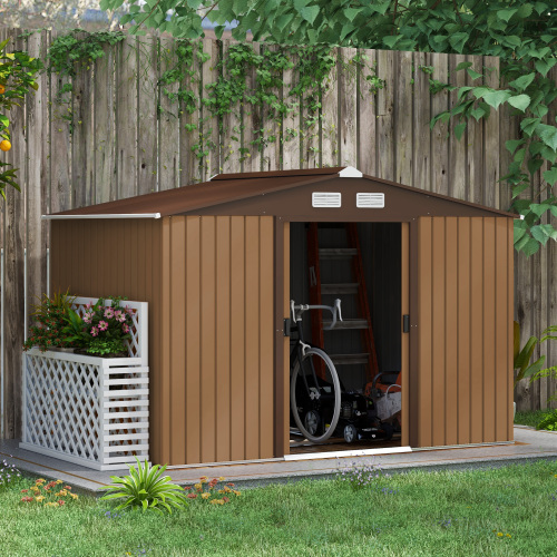 Outsunny 9 X 6ft Metal Garden Shed - Durable Outdoor Storage Tool House with Ventilation Slots, Foundation Kit, and Lockable Double Doors in Light Brown