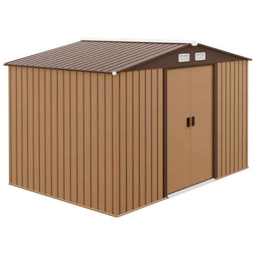 Outsunny 9 X 6ft Metal Garden Shed - Durable Outdoor Storage Tool House with Ventilation Slots, Foundation Kit, and Lockable Double Doors in Light Brown - Image 4