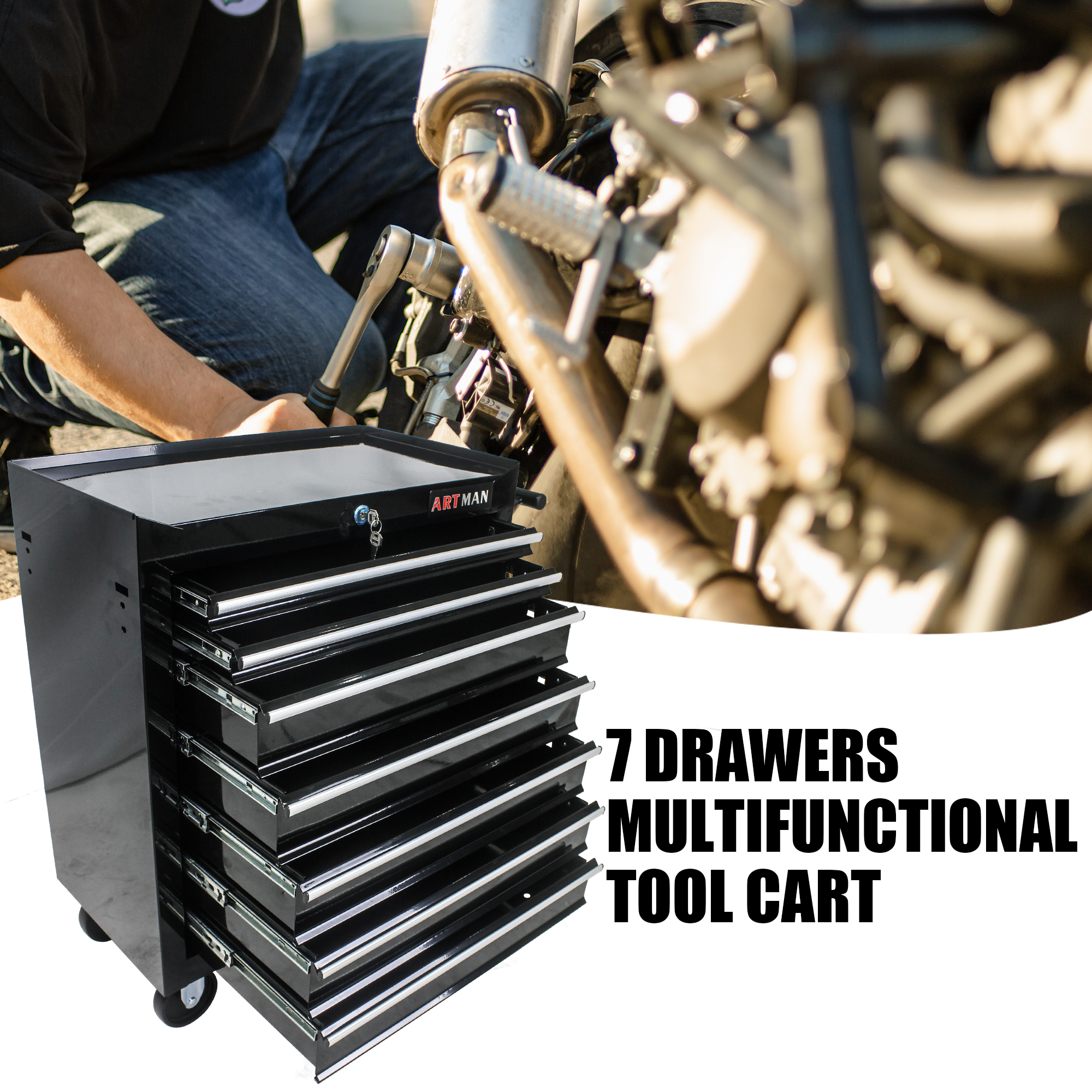 7-Drawer Black Multi-Tool Cart on Wheels - Versatile & Mobile Tool Storage - Image 5