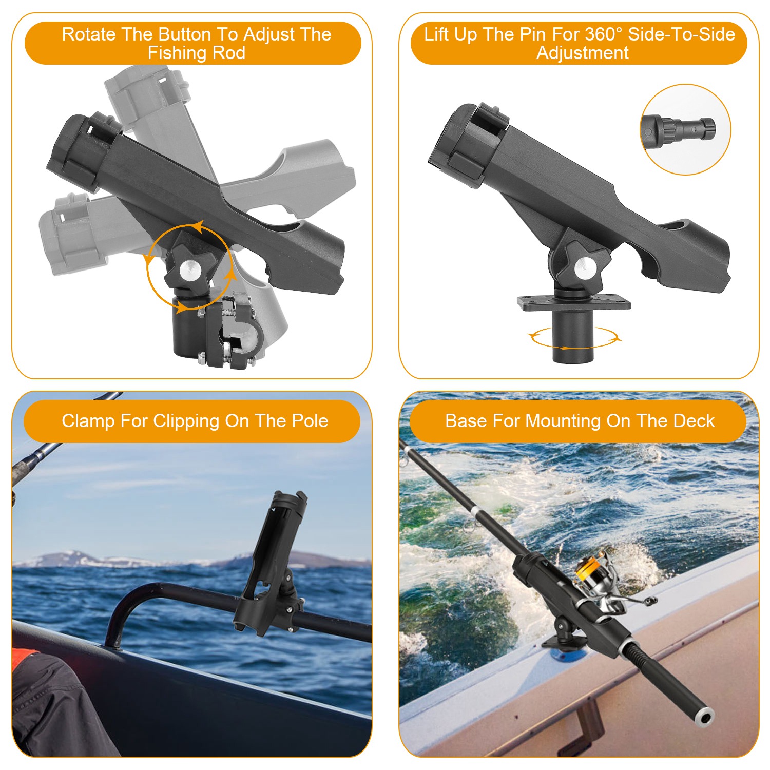 1Pc Adjustable 360° Rotatable Boat Fishing Pole Rod Holder - Folding Kayak Side Rail Mount with Large Clamp (Rod Not Included) - Image 7