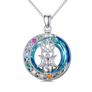 Chakra Triple Moon Goddess Crystal Pendant Necklace in White Gold Plated Sterling Silver