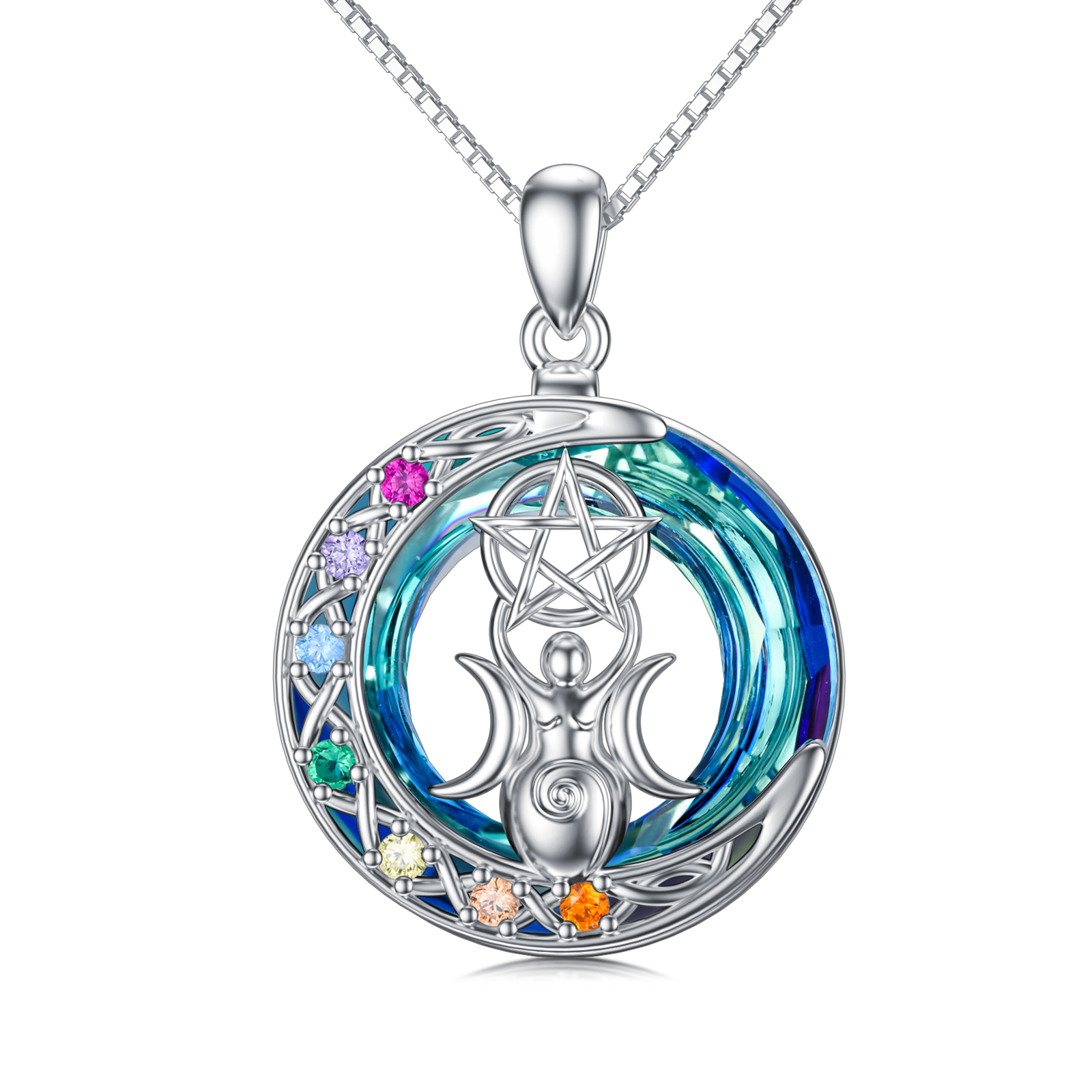 Chakra Triple Moon Goddess Crystal Pendant Necklace in White Gold Plated Sterling Silver