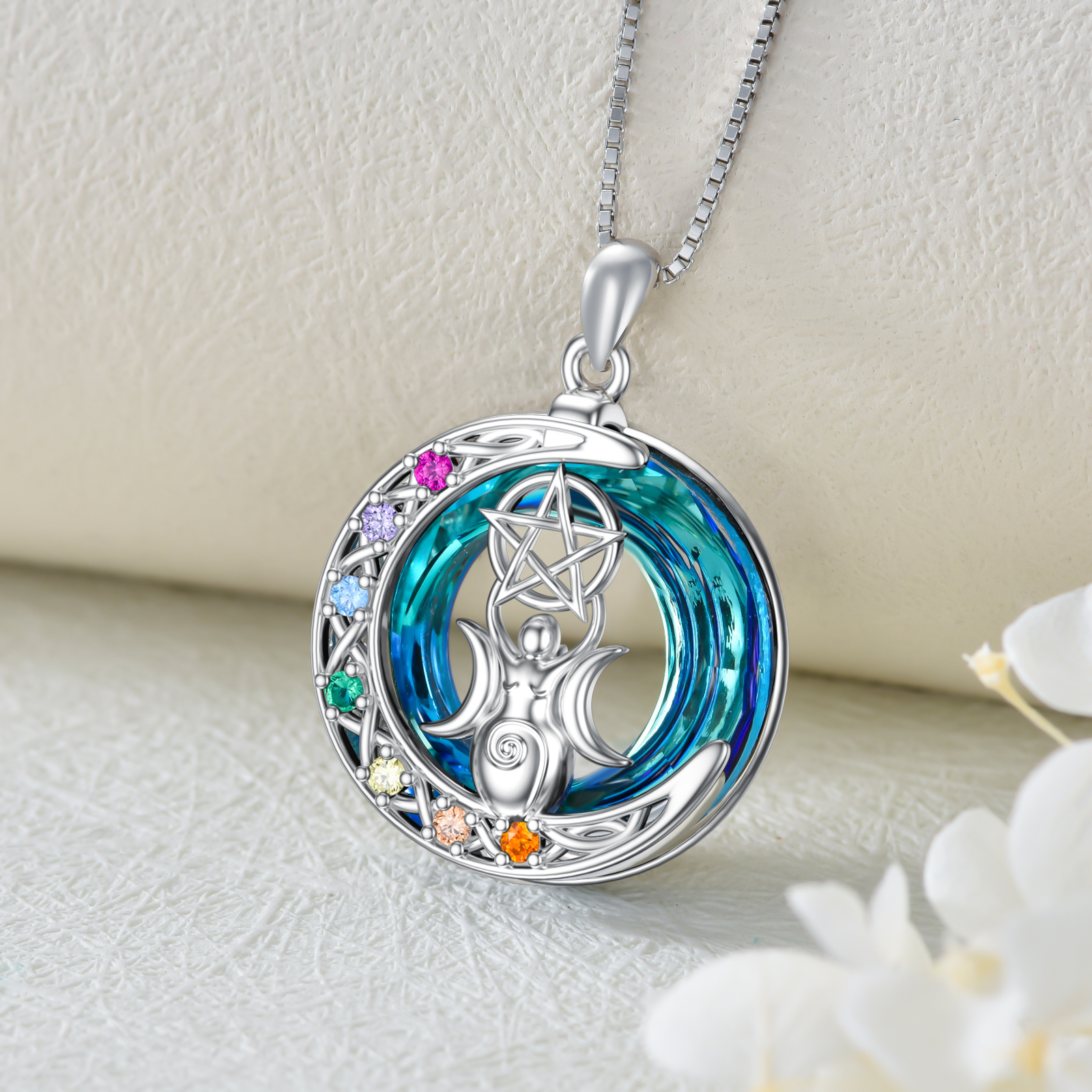 Chakra Triple Moon Goddess Crystal Pendant Necklace in White Gold Plated Sterling Silver - Image 3