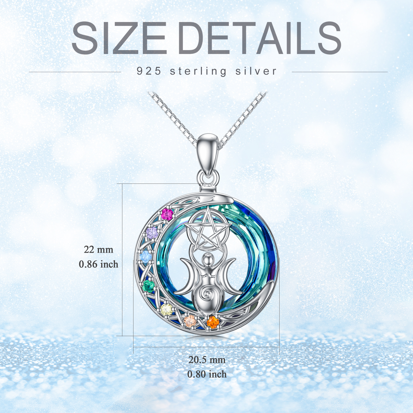 Chakra Triple Moon Goddess Crystal Pendant Necklace in White Gold Plated Sterling Silver - Image 5