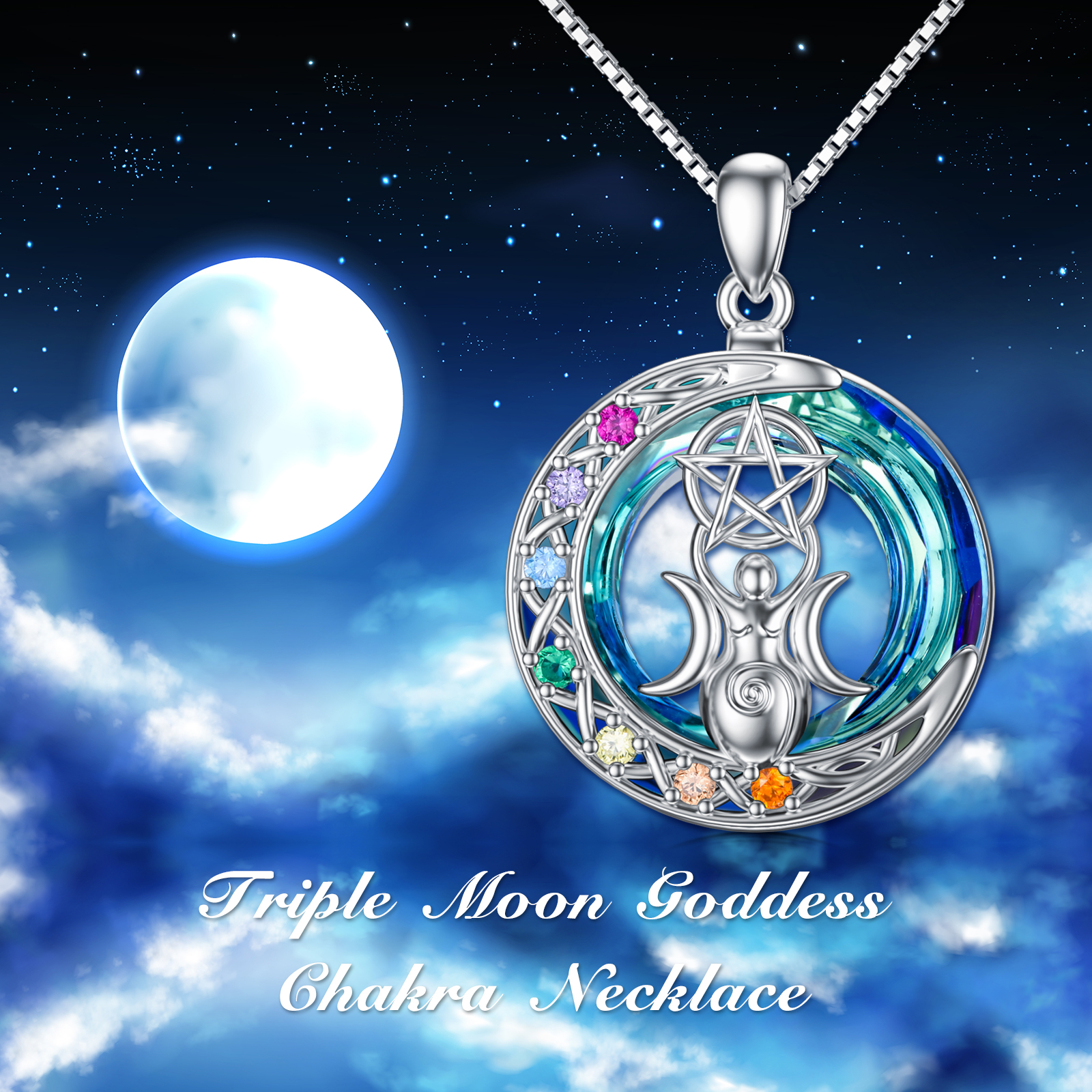 Chakra Triple Moon Goddess Crystal Pendant Necklace in White Gold Plated Sterling Silver - Image 6