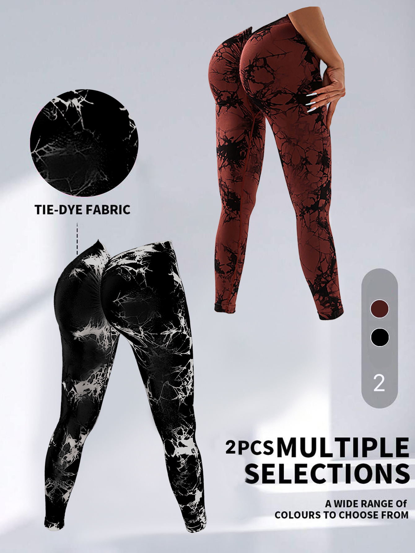 2 Pack Tie-Dye High Waist V-Back Yoga Leggings - Peach Hip-Enhancing Fitness Tights for Sport Style Athleisure - Image 11