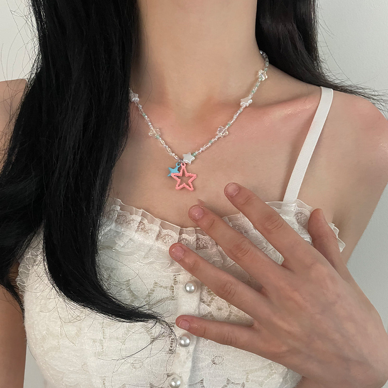 Blue Five-Point Star Beaded Stitch Necklace - Stunning Handmade Jewelry - Image 2