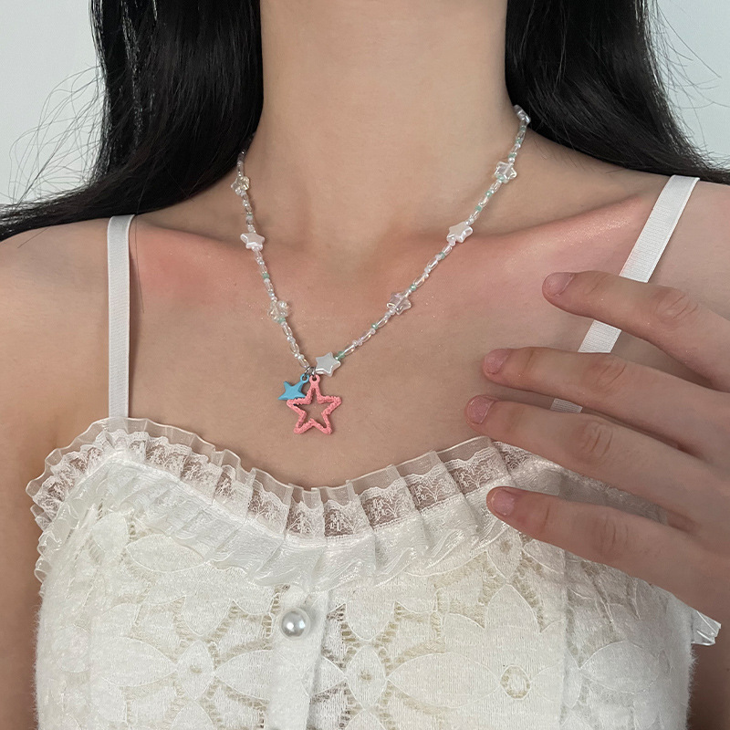 Blue Five-Point Star Beaded Stitch Necklace - Stunning Handmade Jewelry - Image 6