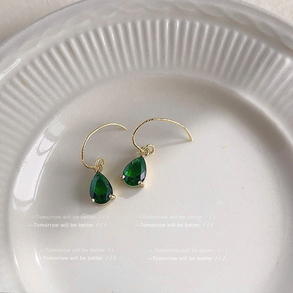 Elegant Emerald Drop-shaped Zircon Earrings - Light Luxury Jewelry