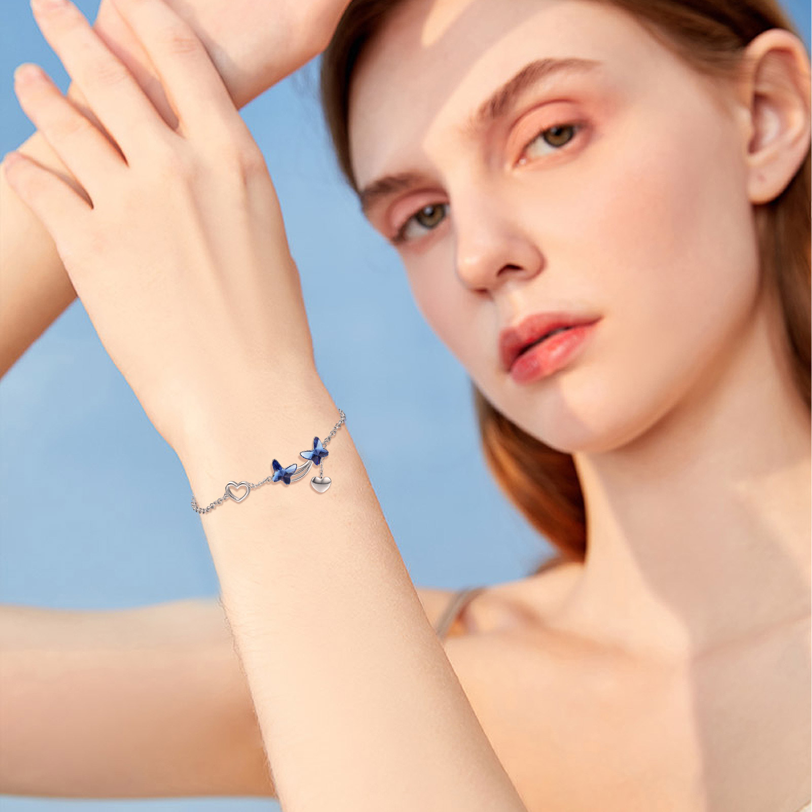925 Sterling Silver Butterfly Pendant Bracelet with Blue Cubic Zirconia Jewelry - Image 2