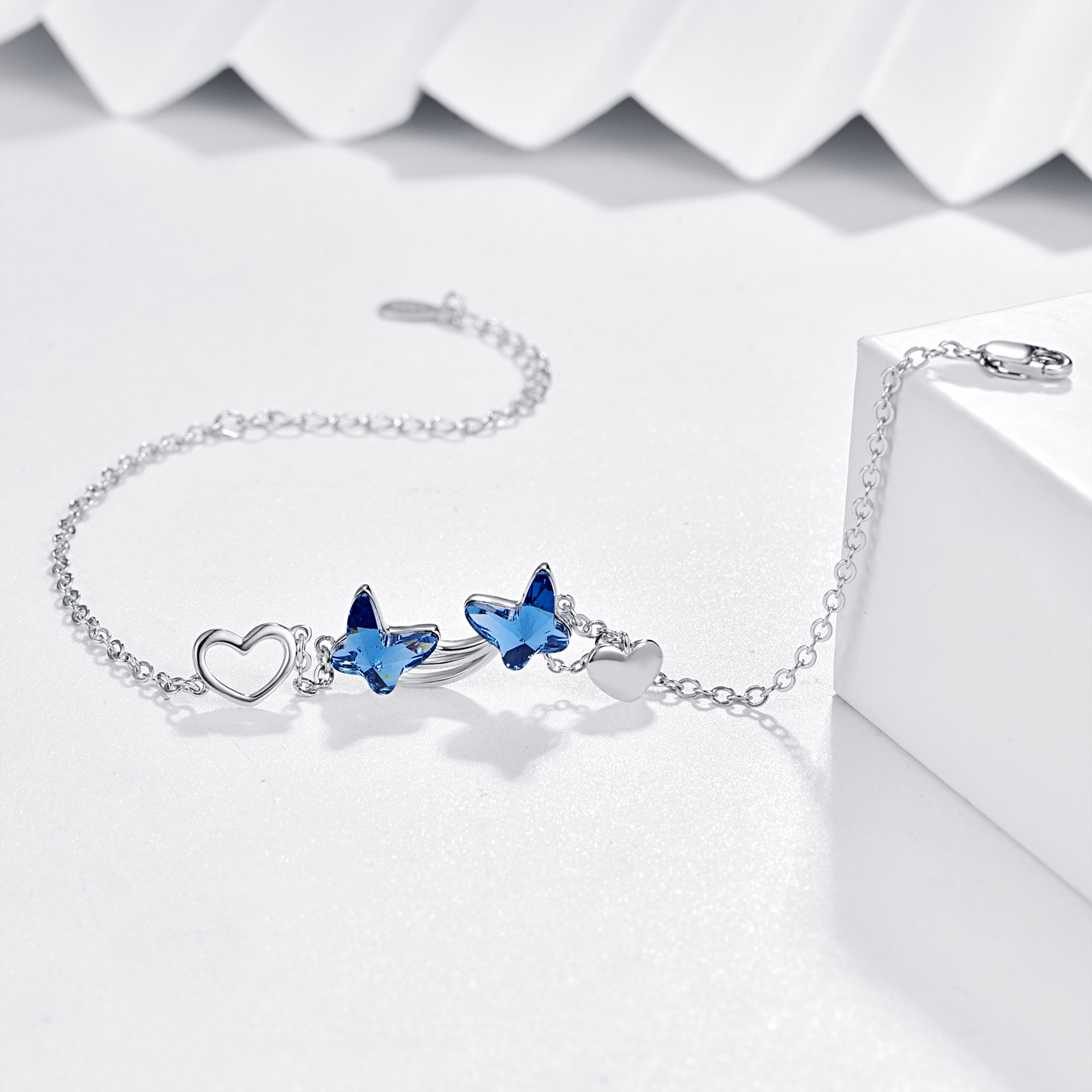 925 Sterling Silver Butterfly Pendant Bracelet with Blue Cubic Zirconia Jewelry - Image 3