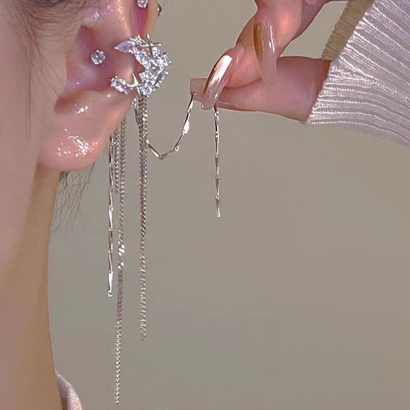 Chic Zircon Awn Star Moon Tassel Non-Piercing Ear Clip for Fashion Lovers - Image 3
