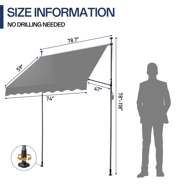 200x120x200-300cm Grey Retractable Canopy with Polyester Fabric and Aluminum-Iron Frame - Image 8