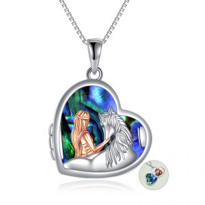 Horse and Girl Abalone Shellfish Heart Sterling Silver Photo Locket Pendant Necklace