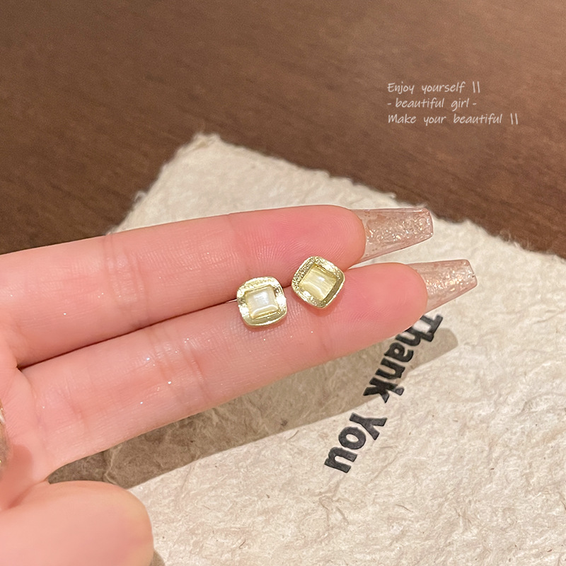 Elegant Silver Needle Geometric Opal Stone Ear Studs for Women - Image 6