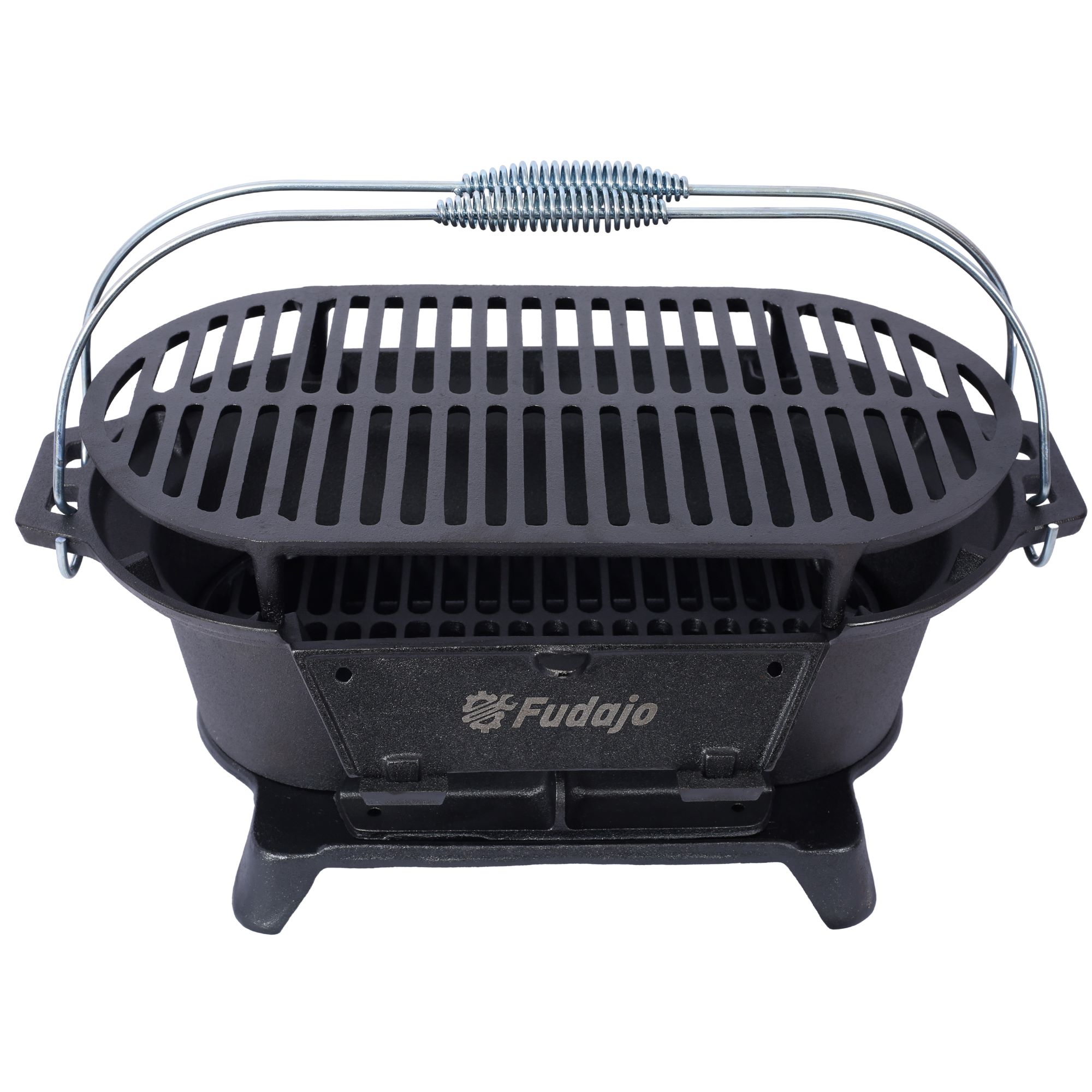 Portable Outdoor Oval Cast Iron Grill & Charcoal BBQ, Plus Desktop Frying Pan