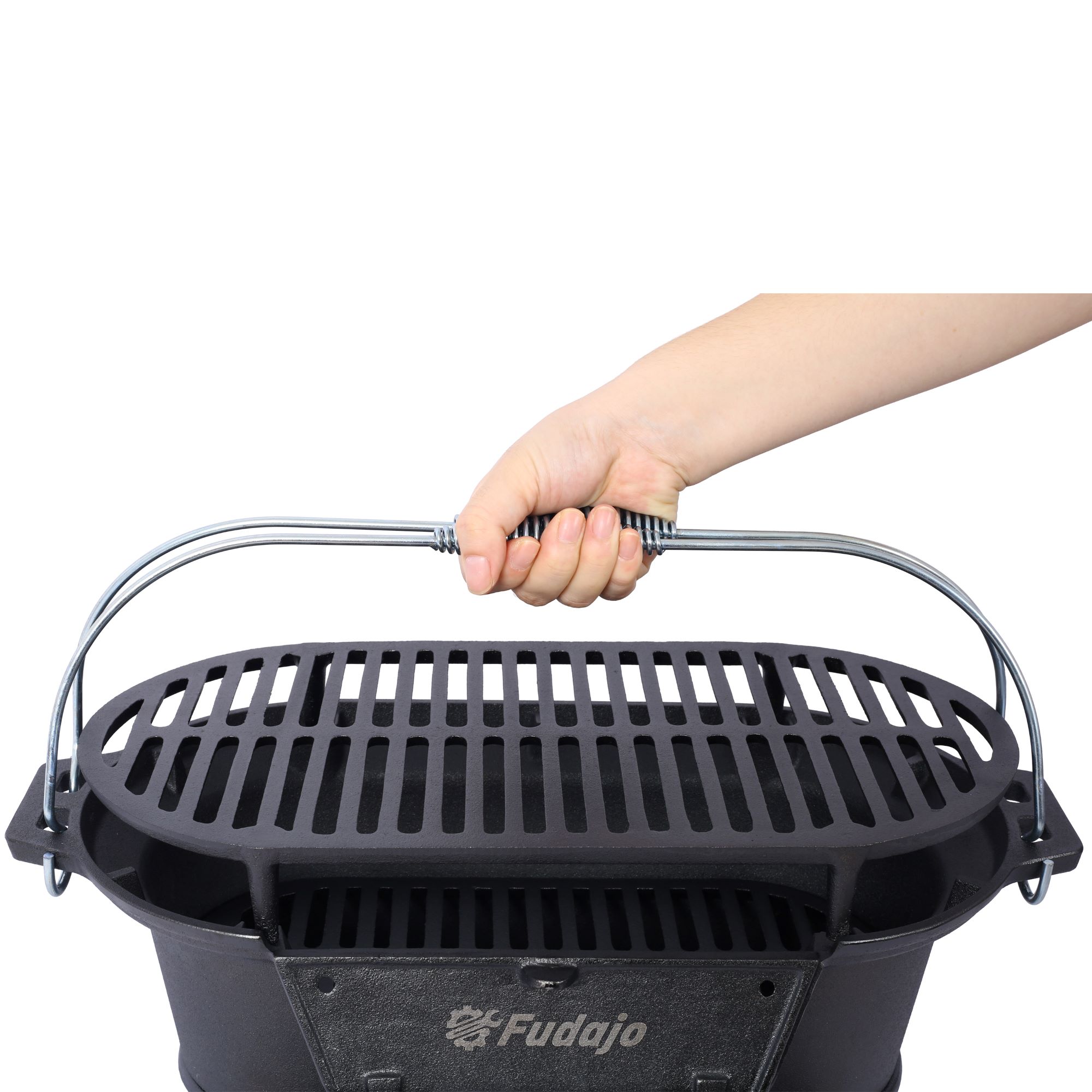 Portable Outdoor Oval Cast Iron Grill & Charcoal BBQ, Plus Desktop Frying Pan - Image 6