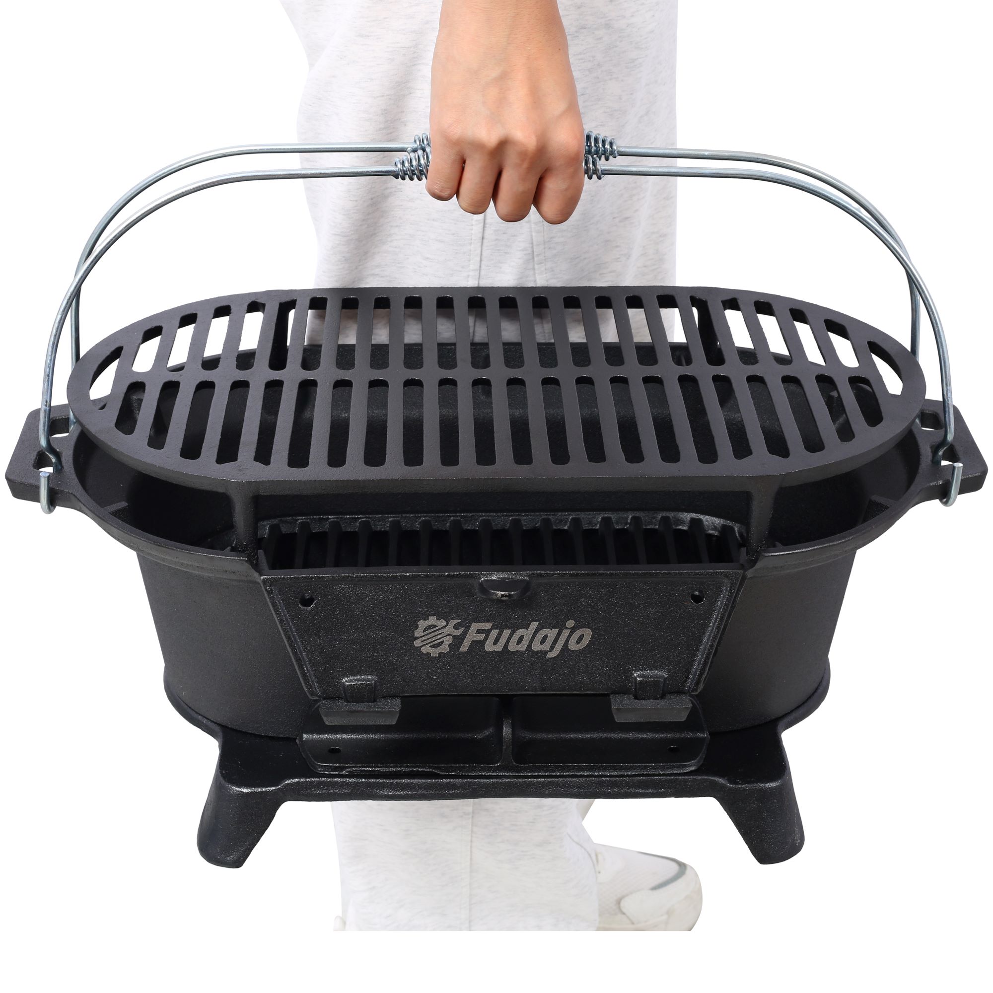 Portable Outdoor Oval Cast Iron Grill & Charcoal BBQ, Plus Desktop Frying Pan - Image 9
