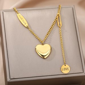 Stylish Multilayer Heart Pendant Necklaces for Women - Stainless Steel Chain Choker with Zircon Moon Star - Perfect Wedding Jewelry Gift for Her