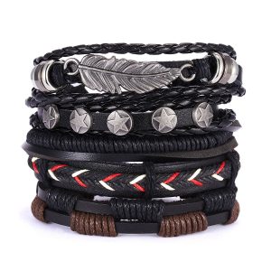 Stylish Men's Leather Suit Bracelet with Creative Leaves and Wooden Beads - Adjustable Design