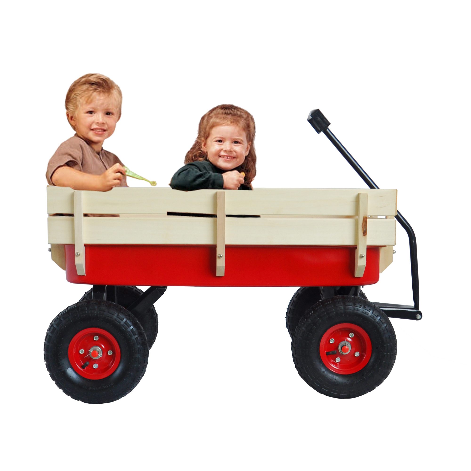 Red Outdoor Sport Wagon Tool Cart with Wooden Side Panels & Pneumatic Tires - Image 5