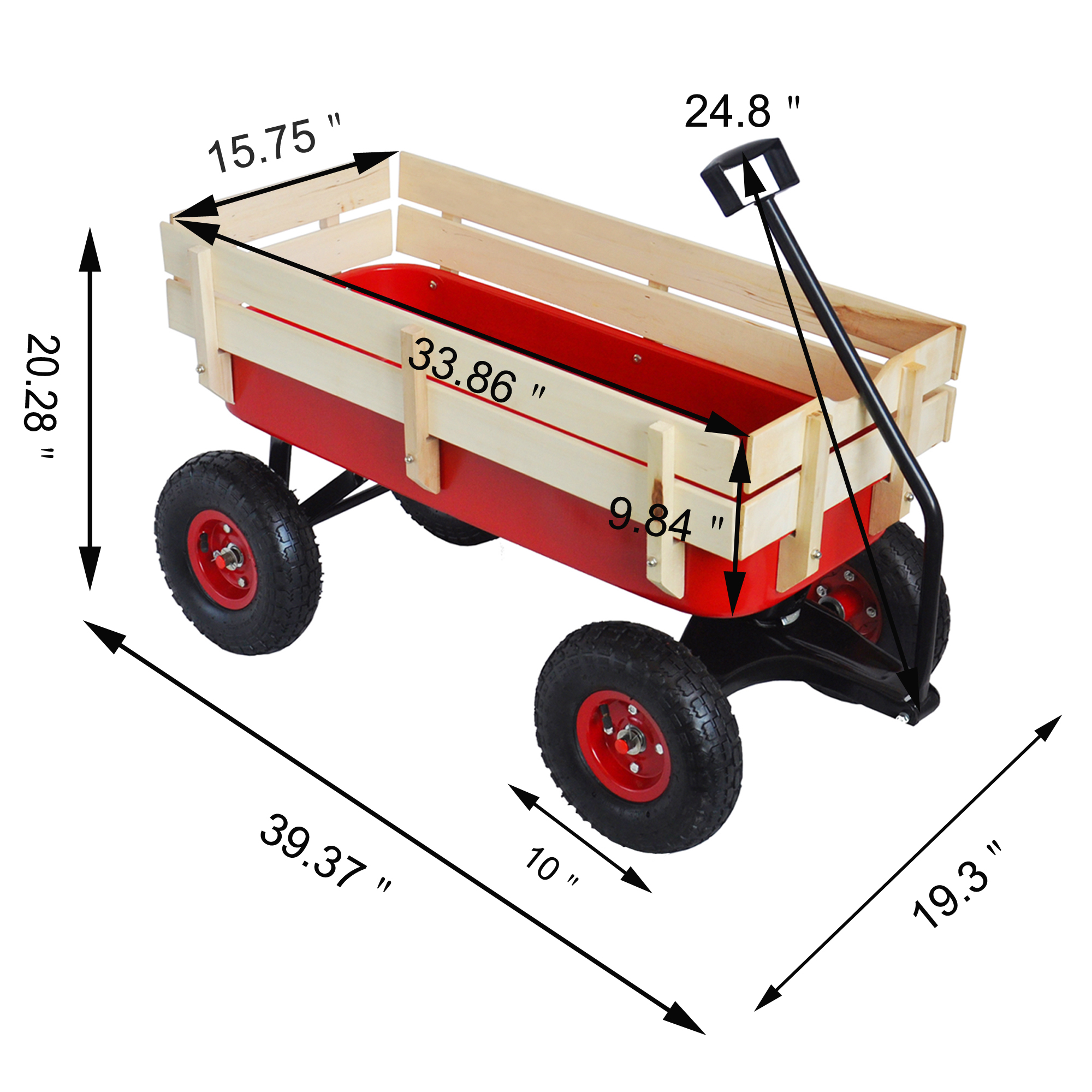 Red Outdoor Sport Wagon Tool Cart with Wooden Side Panels & Pneumatic Tires - Image 9