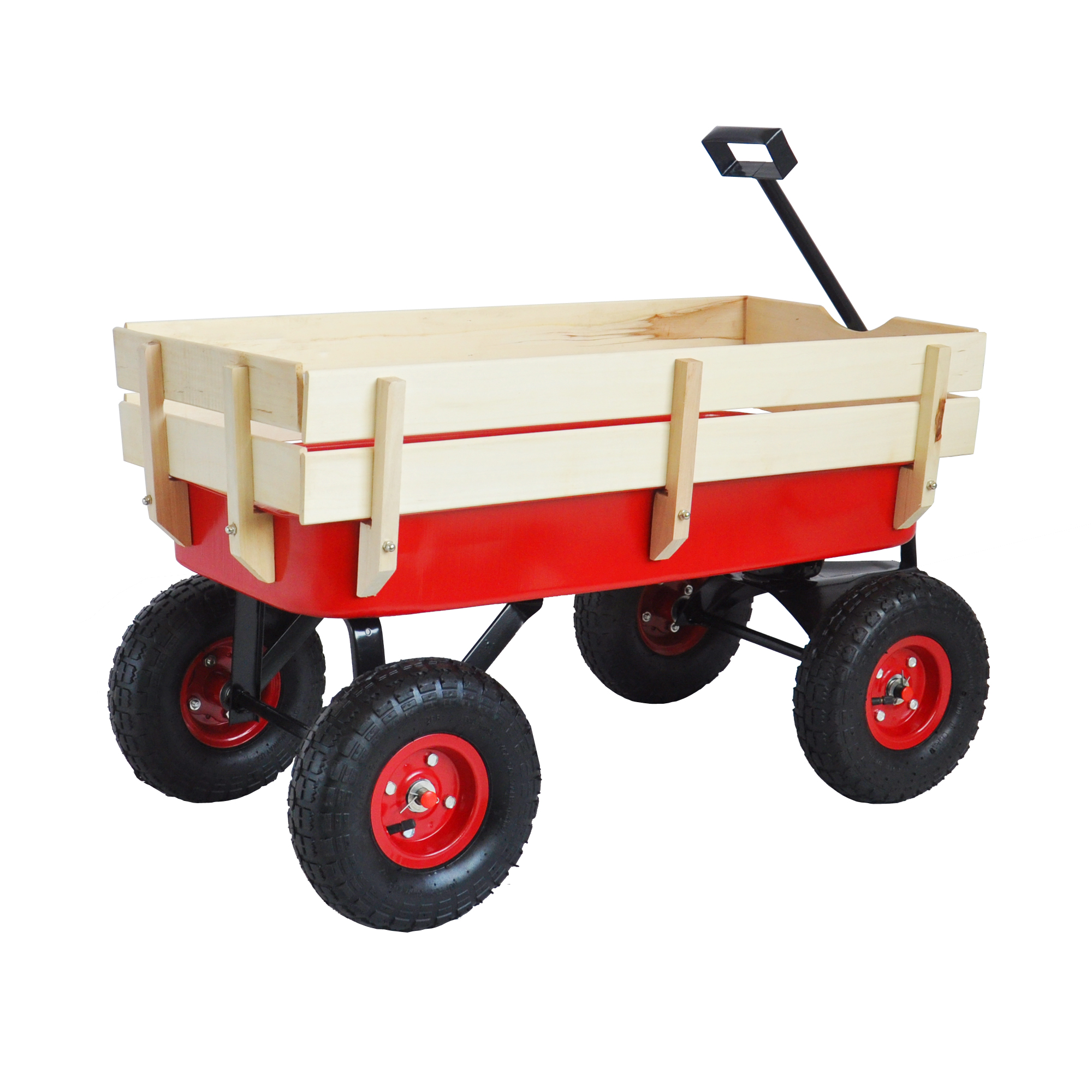 Red Outdoor Sport Wagon Tool Cart with Wooden Side Panels & Pneumatic Tires - Image 11