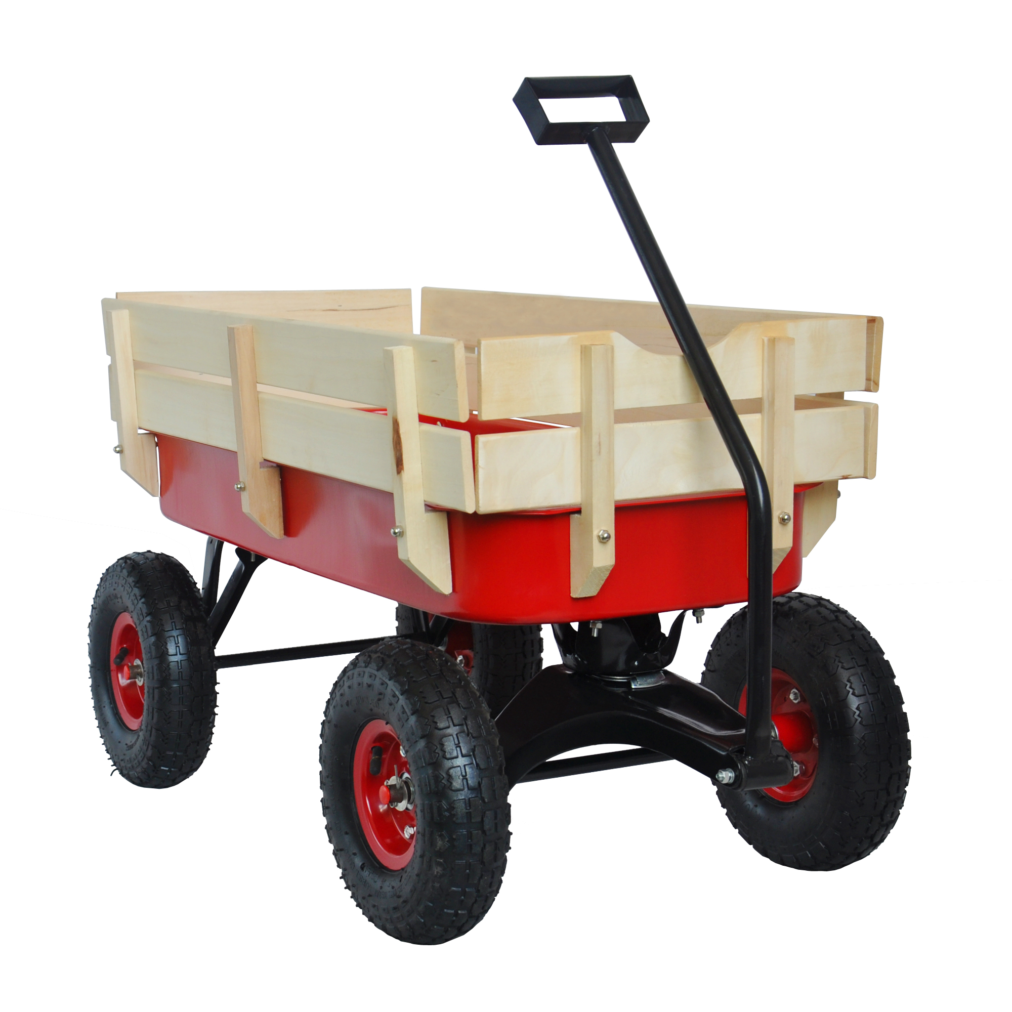 Red Outdoor Sport Wagon Tool Cart with Wooden Side Panels & Pneumatic Tires - Image 12
