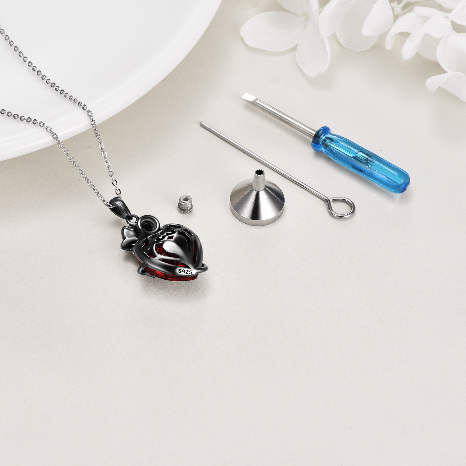 Sterling Silver Heart-Shaped Rose Urn Necklace for Ashes - Elegant Cremation Jewelry - Image 4