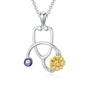 925 Sterling Silver Sunflower Stethoscope Necklace for Medical Graduates, Doctors, Nurses, and Students