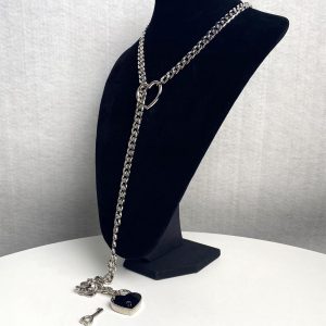 2024 Fashion Jewelry Slip Chain Necklace - Heart O-Ring Rock Cuban Long Design with Adjustable Heart-Shaped Lock and Key