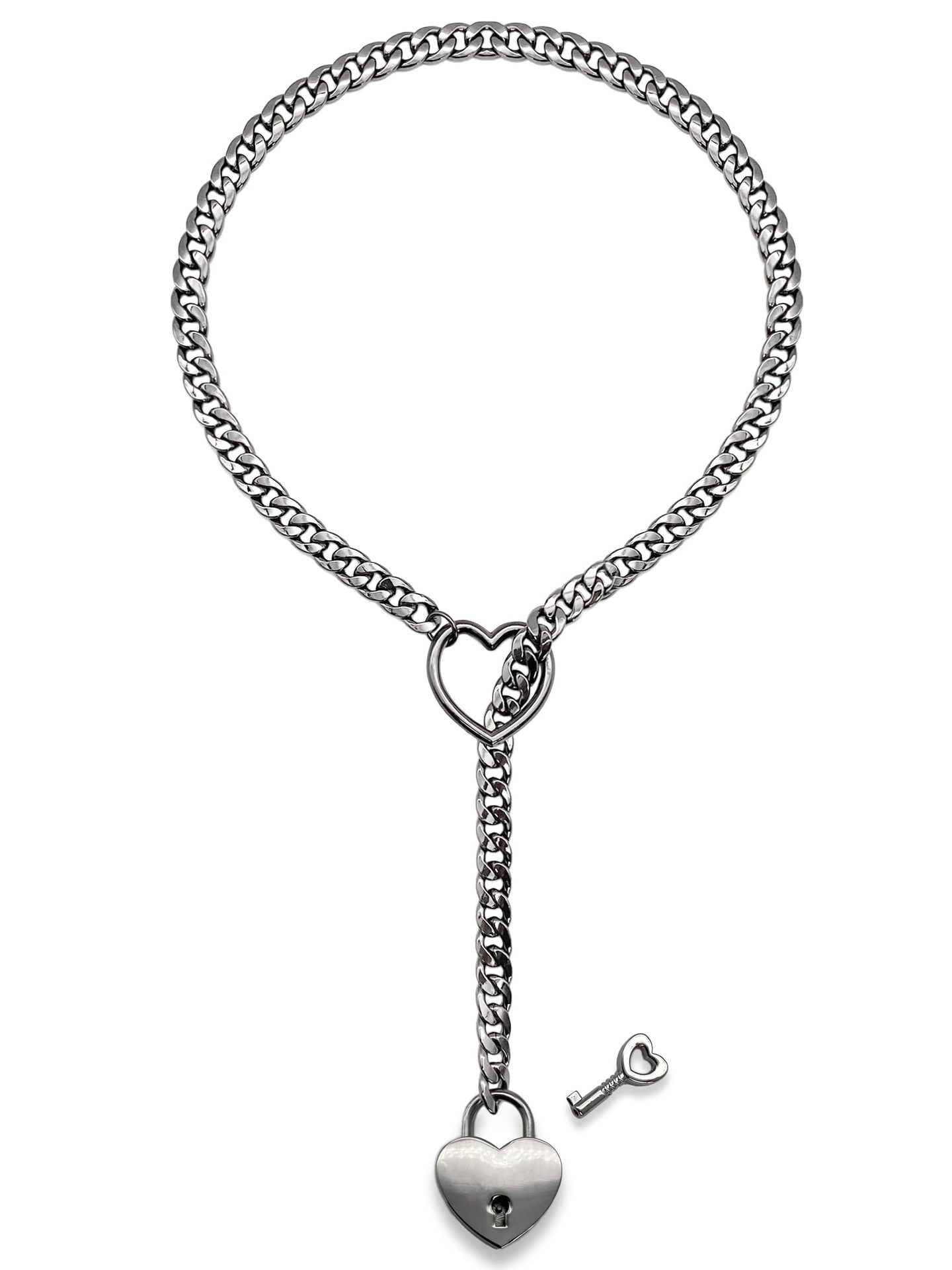 2024 Fashion Jewelry Slip Chain Necklace - Heart O-Ring Rock Cuban Long Design with Adjustable Heart-Shaped Lock and Key - Image 3