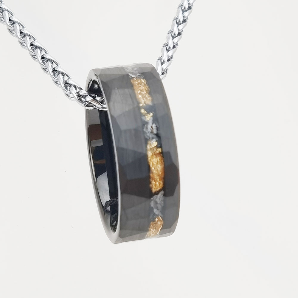 Tungsten Gold Ring with Flat Design and Flower Groove Inlaid Gold Foil Debris