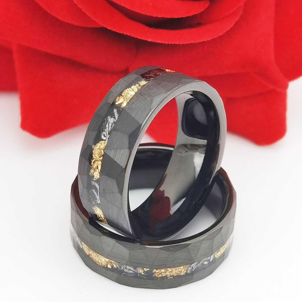 Tungsten Gold Ring with Flat Design and Flower Groove Inlaid Gold Foil Debris - Image 3