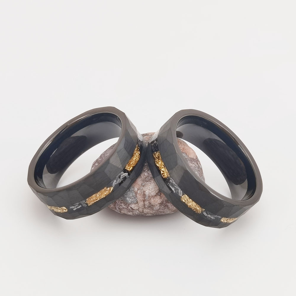 Tungsten Gold Ring with Flat Design and Flower Groove Inlaid Gold Foil Debris - Image 5