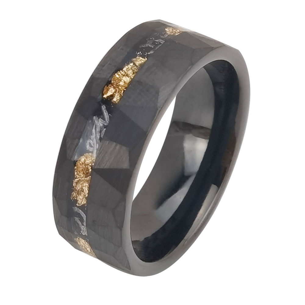 Tungsten Gold Ring with Flat Design and Flower Groove Inlaid Gold Foil Debris - Image 6