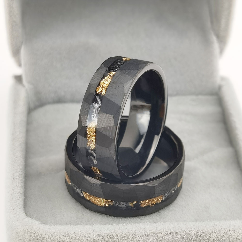 Tungsten Gold Ring with Flat Design and Flower Groove Inlaid Gold Foil Debris - Image 9
