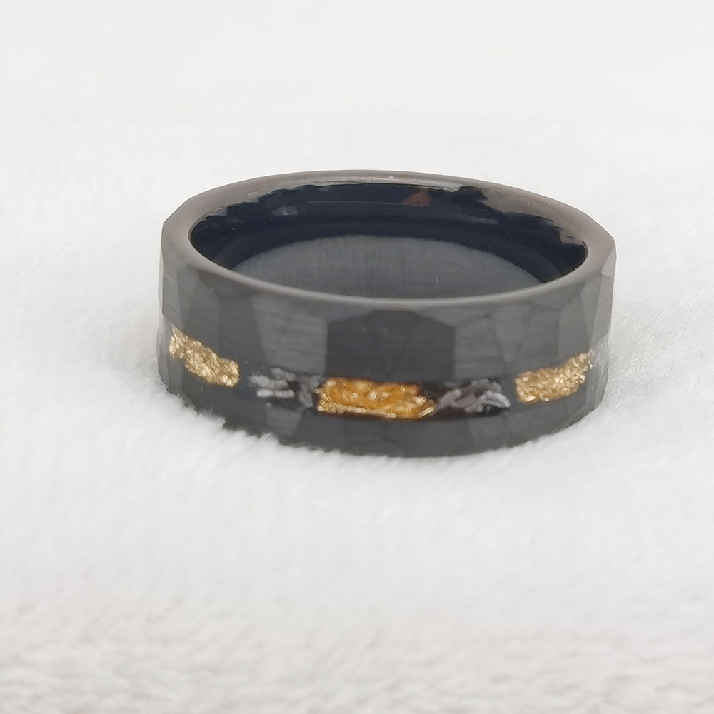 Tungsten Gold Ring with Flat Design and Flower Groove Inlaid Gold Foil Debris - Image 10