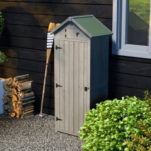 Outsunny Grey Wooden Garden Shed - Utility Outdoor Small Shed with Lockable Double Doors, Shelves, and Roof Hatch