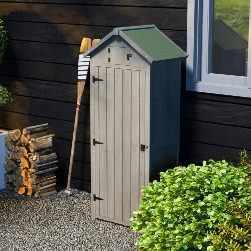 Outsunny Grey Wooden Garden Shed - Utility Outdoor Small Shed with Lockable Double Doors, Shelves, and Roof Hatch