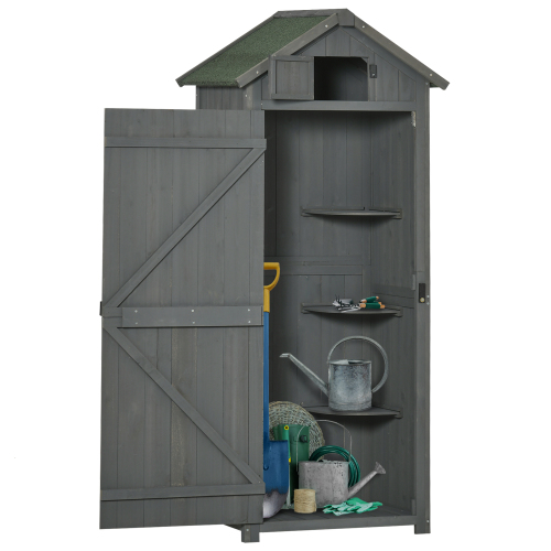 Outsunny Grey Wooden Garden Shed - Utility Outdoor Small Shed with Lockable Double Doors, Shelves, and Roof Hatch - Image 2