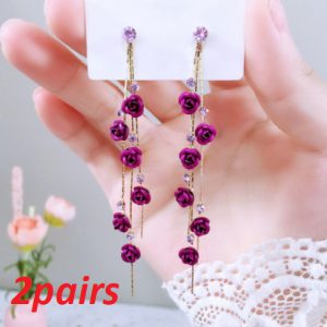 Wild Red Rose Flower Long Earrings with Rhinestone Tassels - Elegant Floral Jewelry