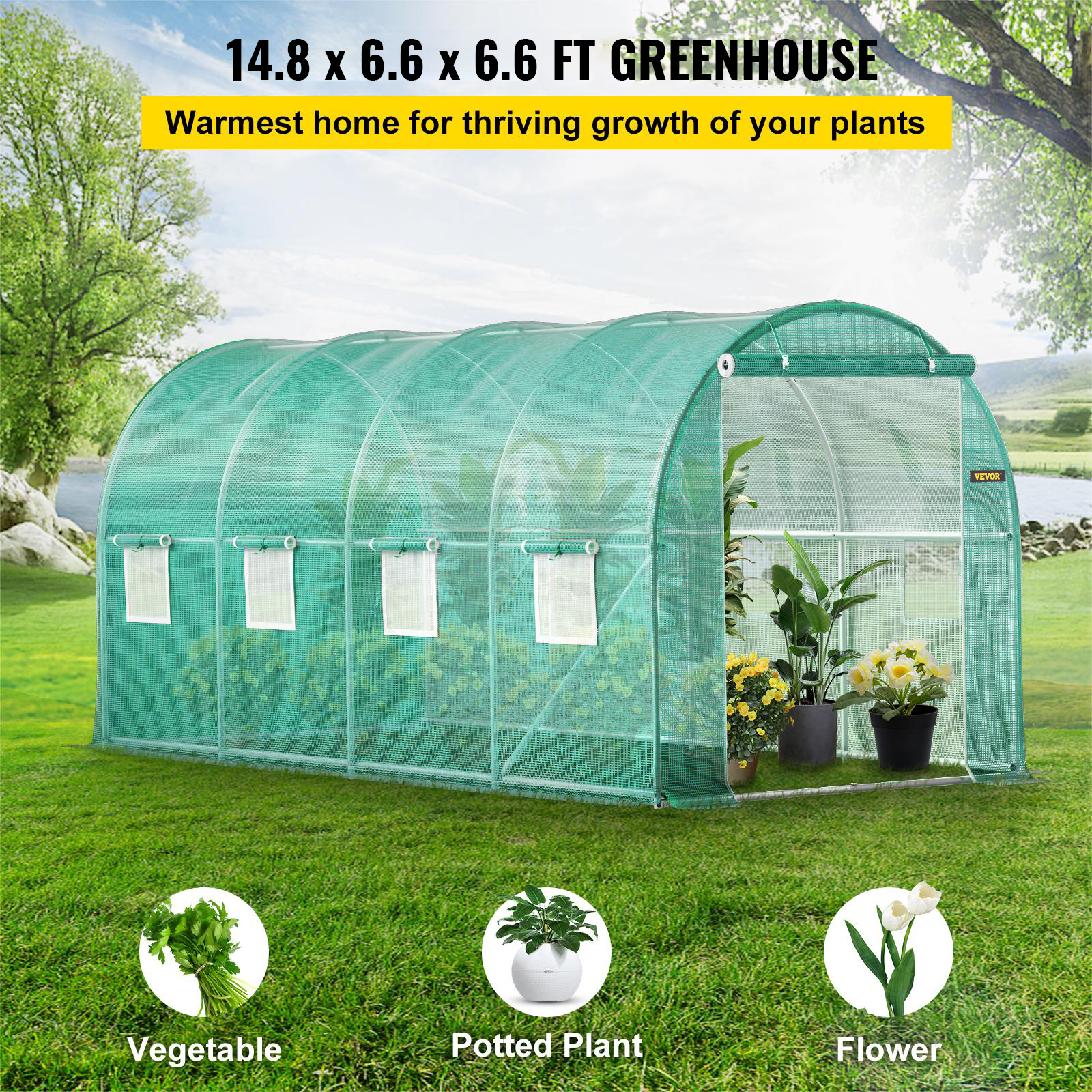 VEVOR Portable Walk-in Tunnel Greenhouse, 15 x 7 x 7 Ft Plant Hot House with Galvanized Steel Hoops, Top Beam, Diagonal Poles, Zippered Door & 8 Roll-up Windows, Green