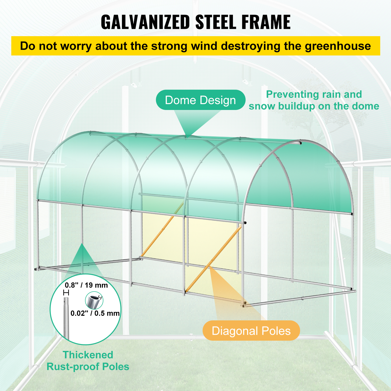 VEVOR Portable Walk-in Tunnel Greenhouse, 15 x 7 x 7 Ft Plant Hot House with Galvanized Steel Hoops, Top Beam, Diagonal Poles, Zippered Door & 8 Roll-up Windows, Green - Image 3