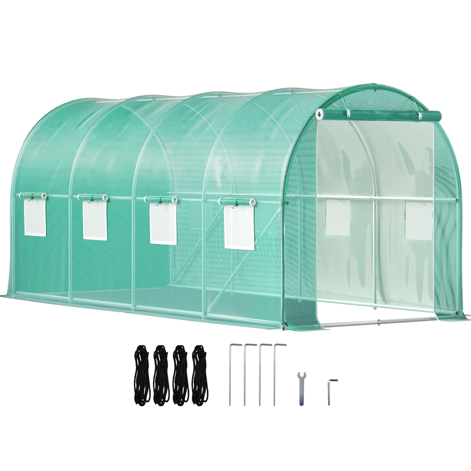 VEVOR Portable Walk-in Tunnel Greenhouse, 15 x 7 x 7 Ft Plant Hot House with Galvanized Steel Hoops, Top Beam, Diagonal Poles, Zippered Door & 8 Roll-up Windows, Green - Image 4