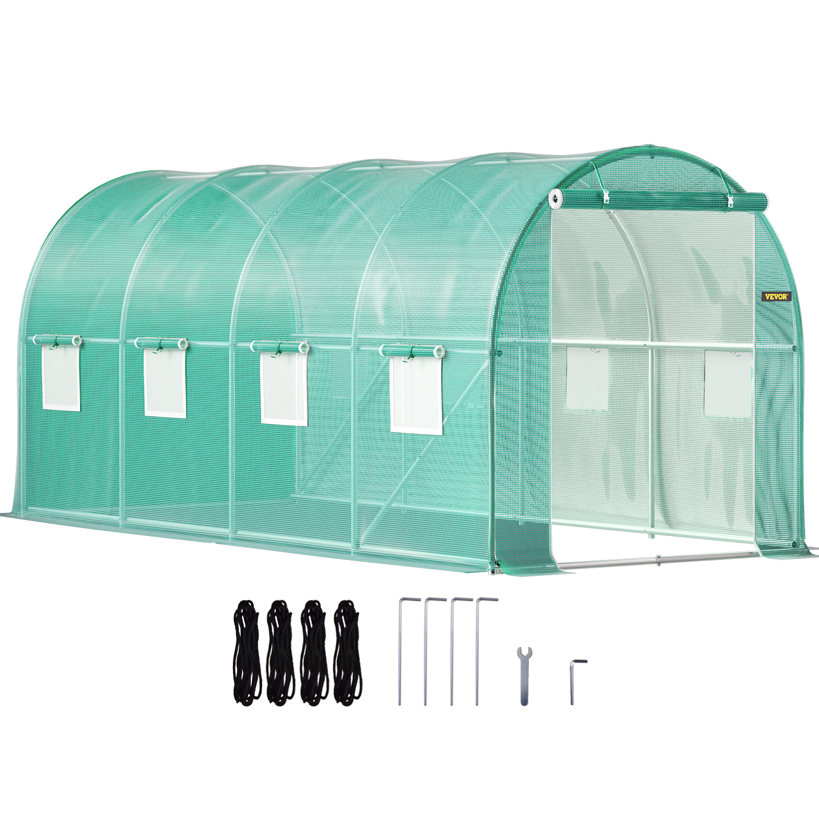 VEVOR Portable Walk-in Tunnel Greenhouse, 15 x 7 x 7 Ft Plant Hot House with Galvanized Steel Hoops, Top Beam, Diagonal Poles, Zippered Door & 8 Roll-up Windows, Green - Image 6